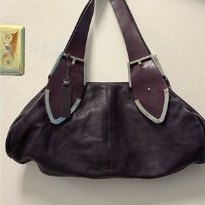 Plum Pebble Leather Shoulder Bag with Silver Accents